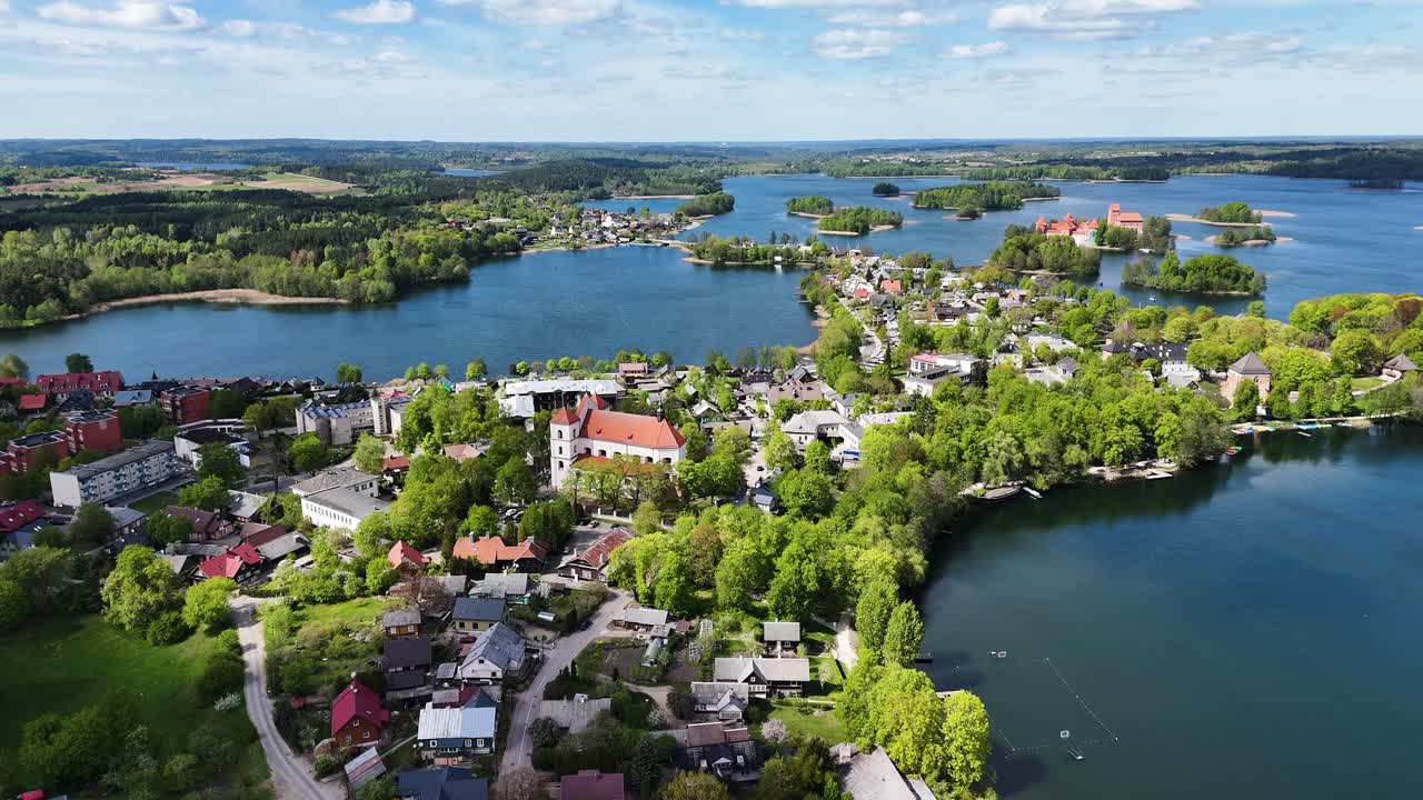 Church tower and township of Trakai, aerial wide angle view