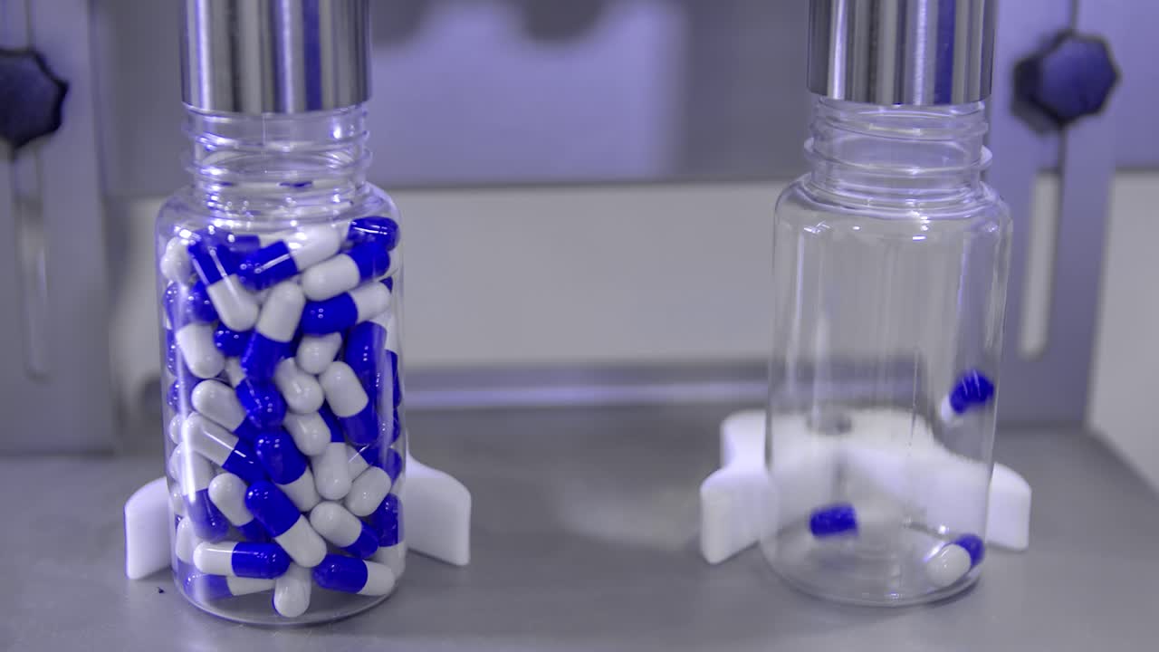 A pharmaceutical lab machine filling bottles with the COVID-19 cure for distribution