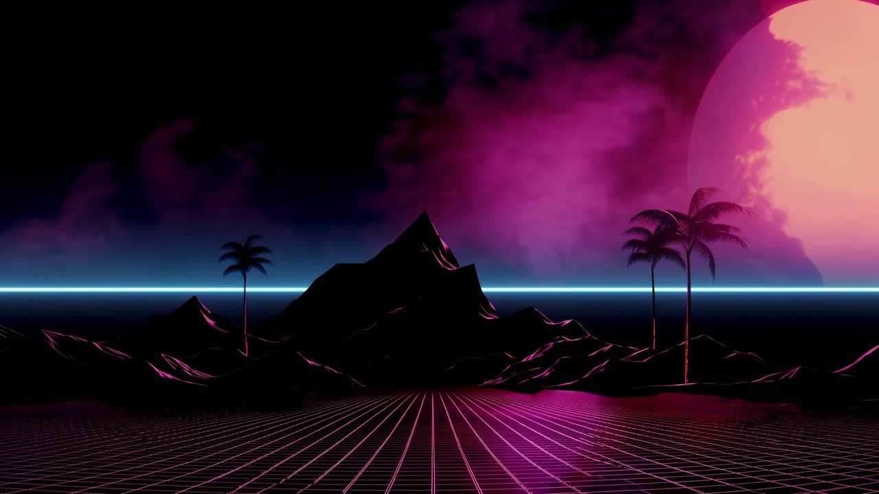Paesaggio retro-futuristico con griglia al neon, montagne e palme sotto un sole splendente.
