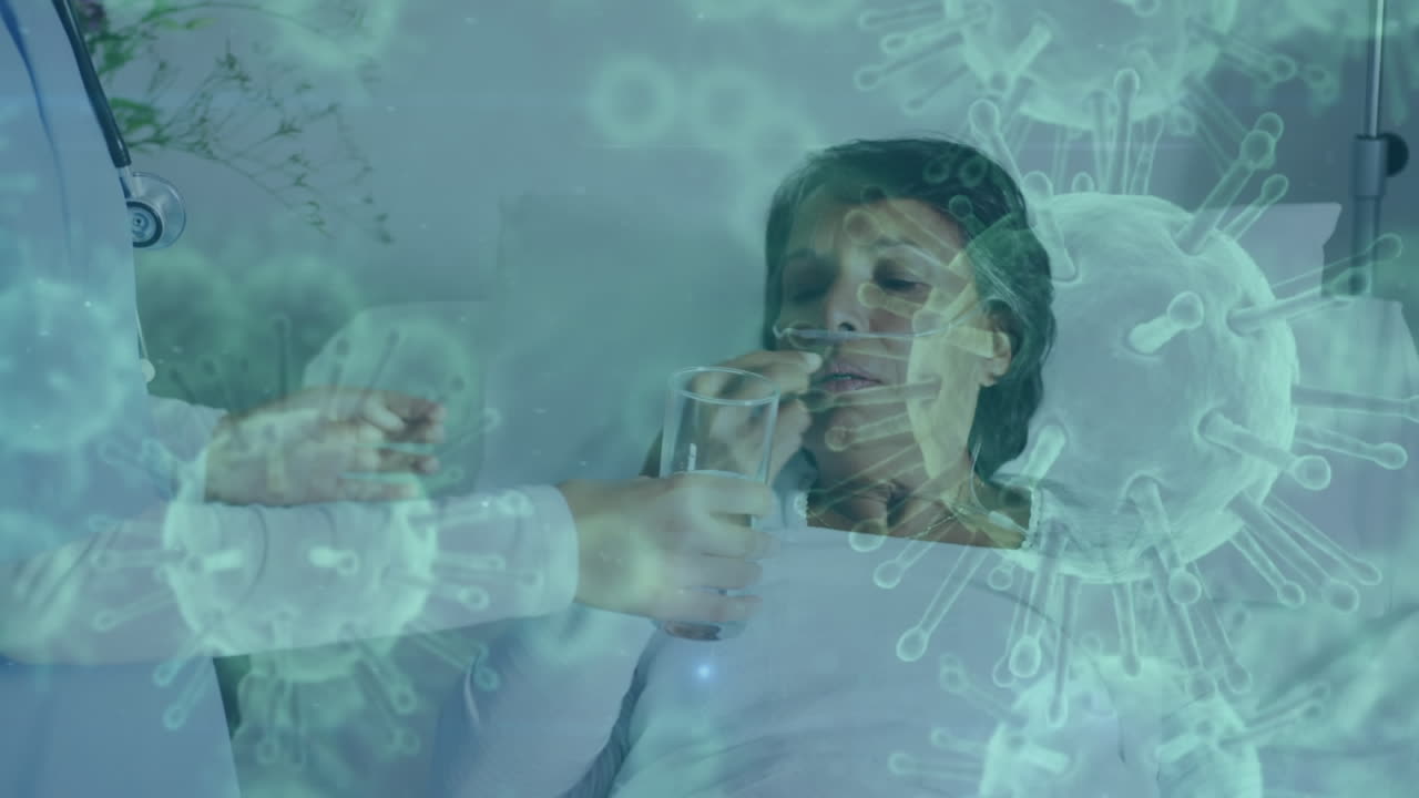 Covid-19 cells moving against doctor giving medicine to the patient