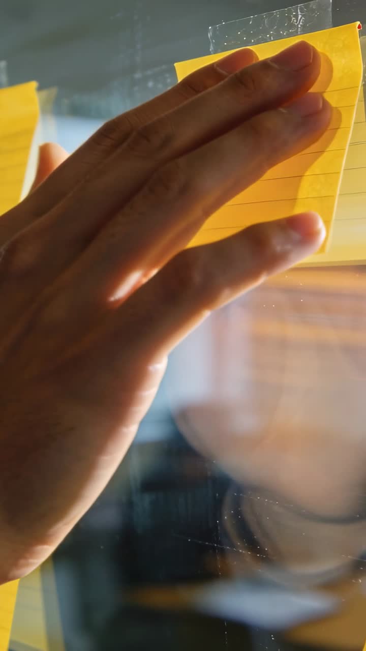 Primer Plano de Mano Colocando Nota Adhesiva Amarilla en Pizarra de Cristal