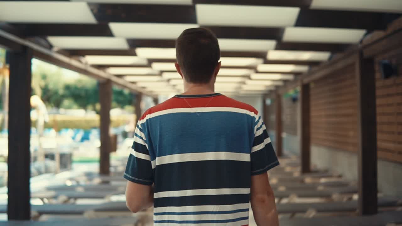 수영장 의 리조트 마당 지역을 걸어다니는 남자