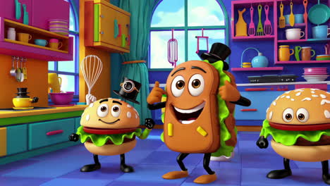animated food friends giving thumbs up in a colorful kitchen