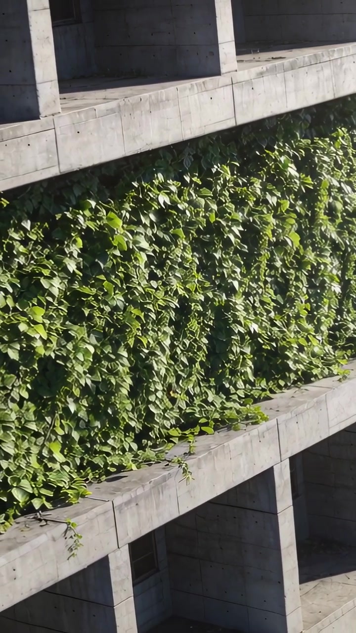 Vídeo vertical: Câmera portátil inclinando, revelando saliências de concreto com densa faixa de videiras e sombras.