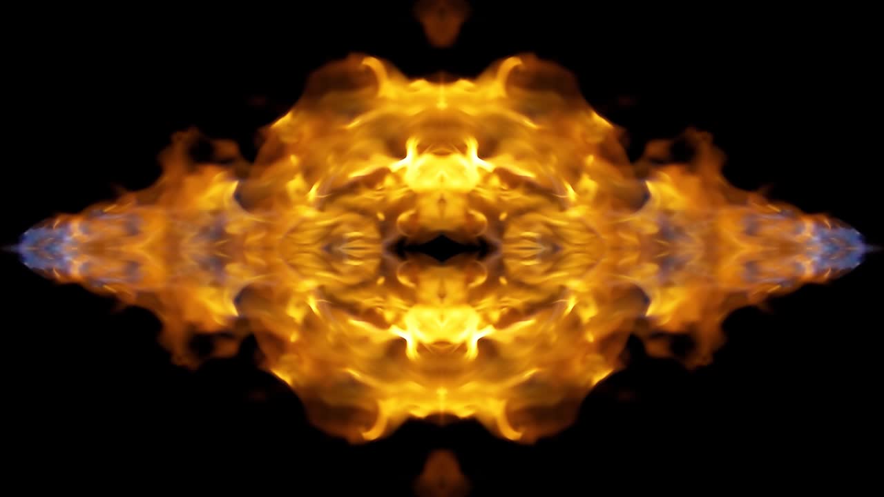 4k slow motion raw video of fire, explosion, fire blast, fiery stream jet isolated on a black background with reflection and mirror effect as in a kaleidoscope. Beautiful mirror pattern of fire.
