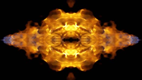 video crudo en cámara lenta de 4k de fuego, explosión, explosión de fuego, chorro de corriente de fuego aislado en un fondo negro con reflejo y efecto espejo como en un caleidoscopio. hermoso patrón de espejo de fuego.