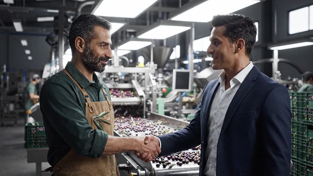 Partnership commerciale stabilita: due professionisti si stringono la mano in una struttura moderna, a significare collaborazione e successo nell'industria della produzione alimentare.