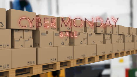 animation of cyber monday sale text over cardboard boxes on conveyor belt