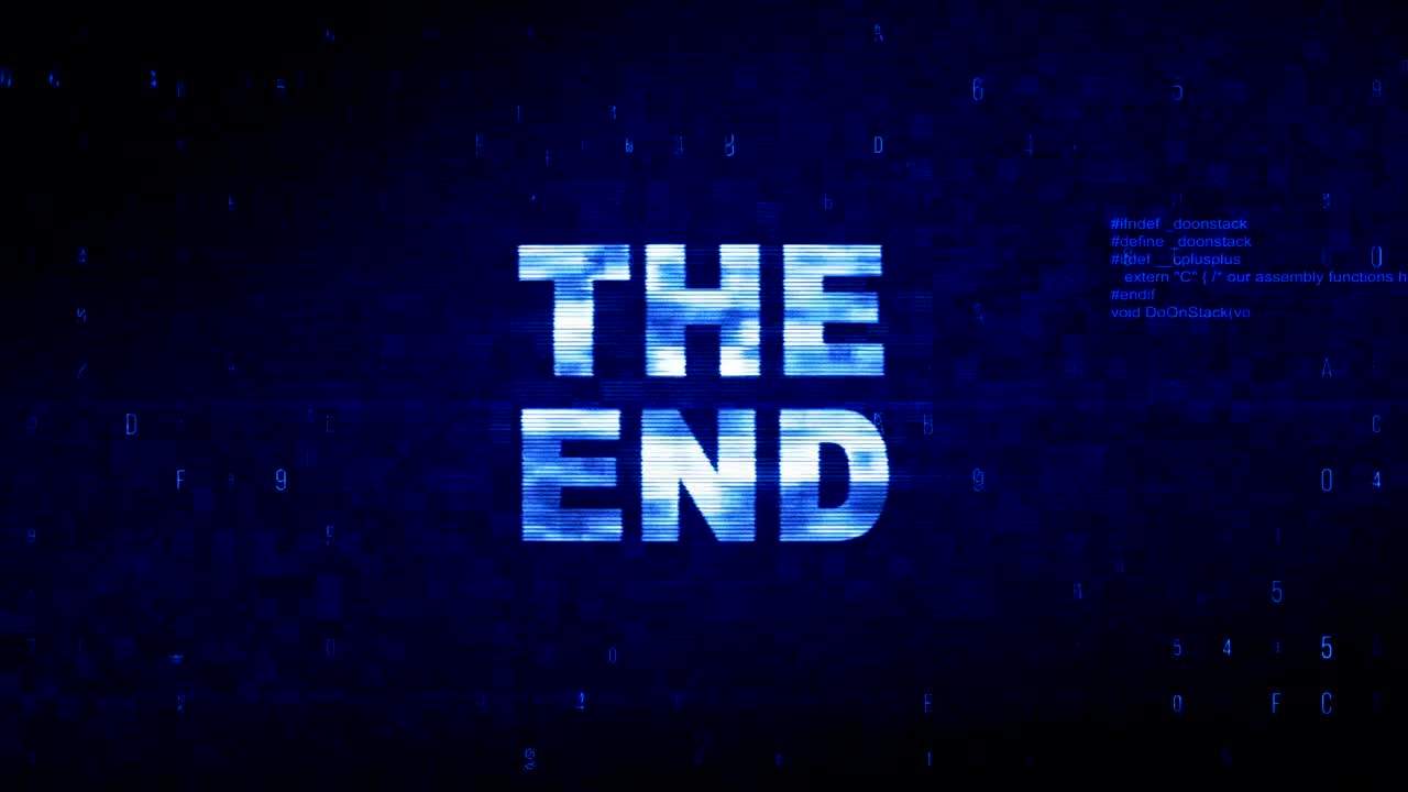 The End Text Digital Noise Twitch Glitch Distortion Effect Error Animation.