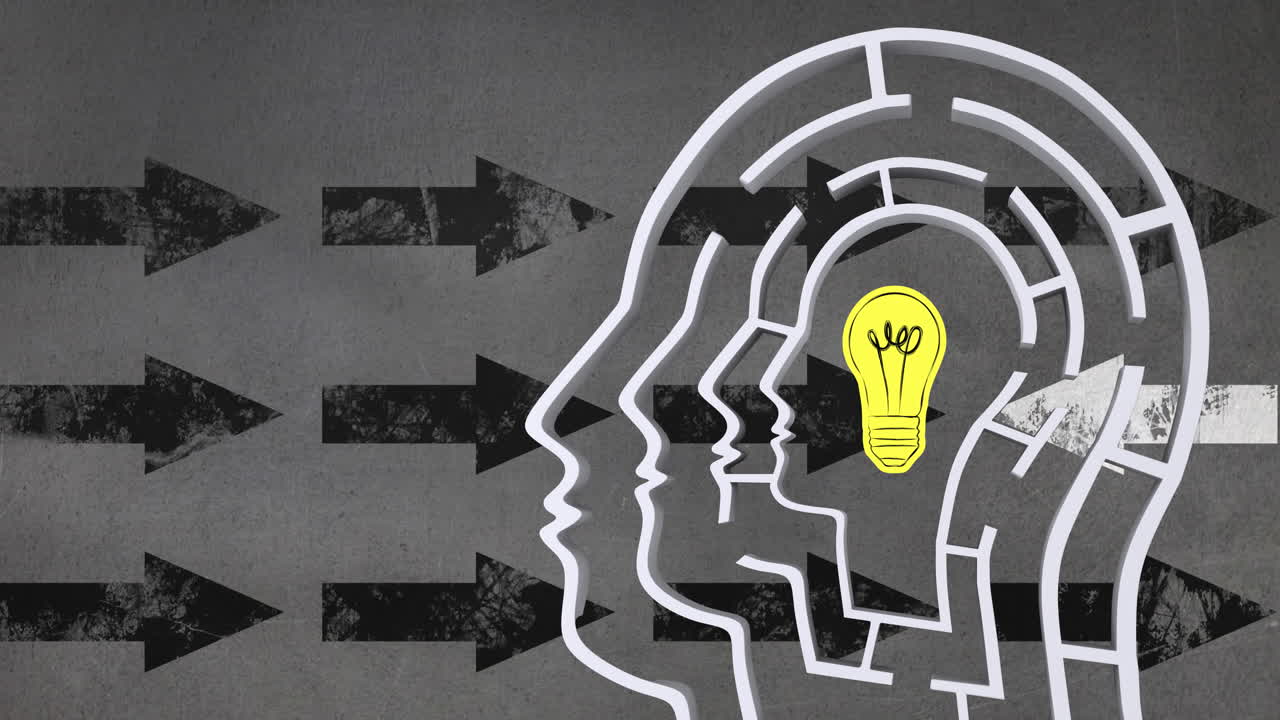 animación digital de una bombilla amarilla sobre un modelo de cabeza humana contra flechas que se mueven sobre un fondo gris