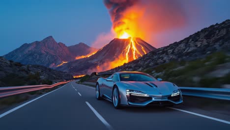 sports car on road with erupting volcano