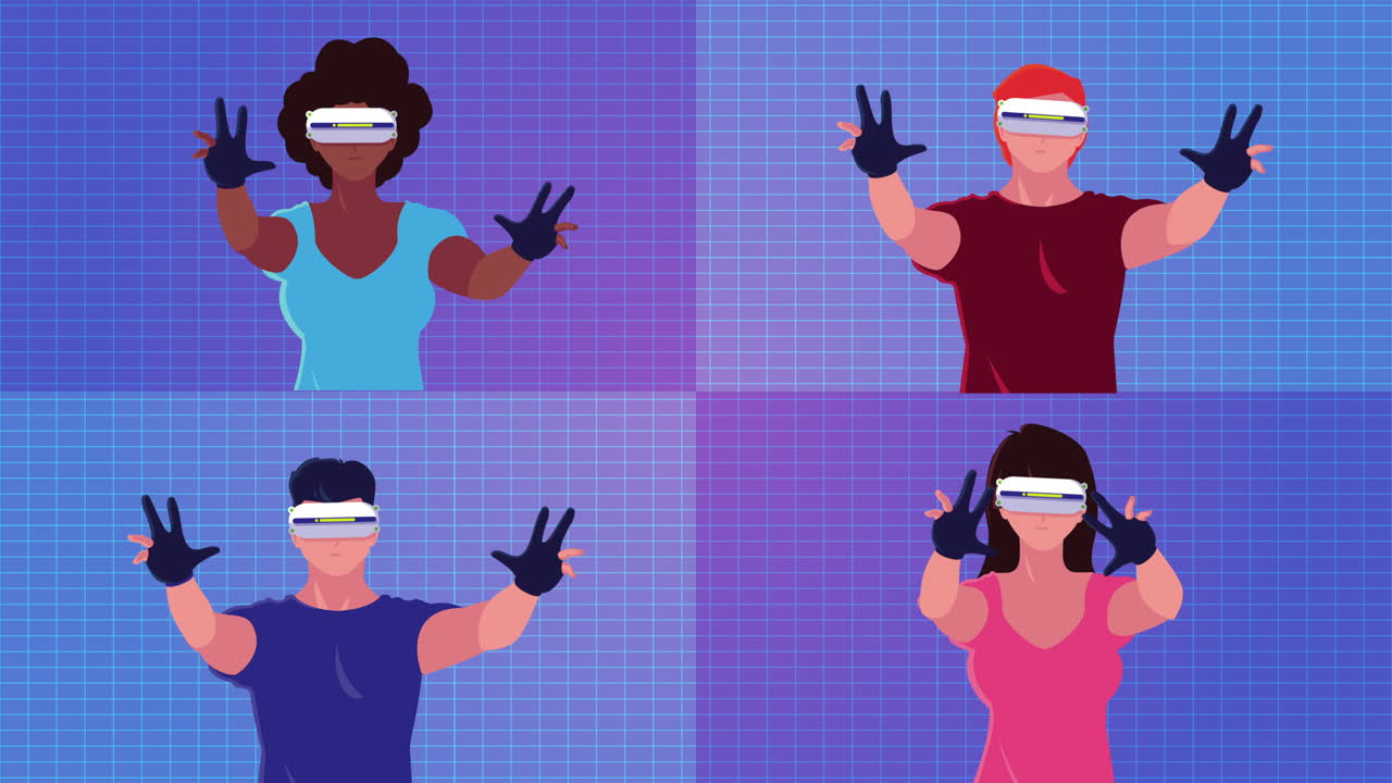 virtual reality tech animation with interracial people using masks