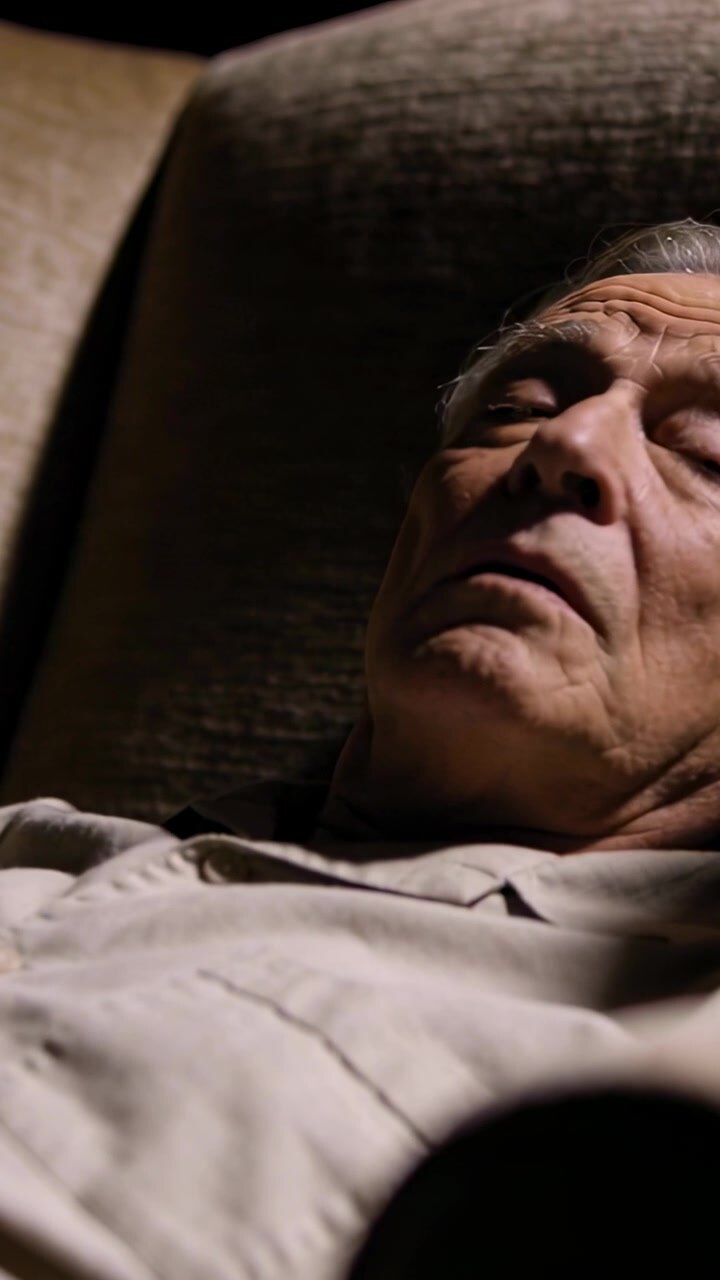 Vertical video: Stirring senior in shirt lifting head opening eyes after nap on recliner at home