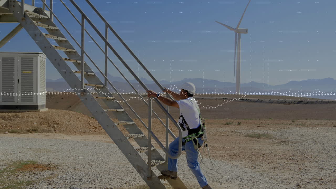Climbing metal stairs, worker with wind turbine and animation of data visualization