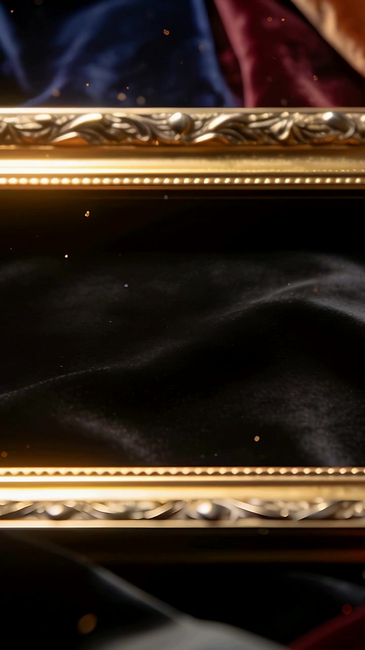 Video verticale: Luce calda che avvolge una cornice dorata su un tavolo, con pagliuzze che fluttuano su velluto nero.