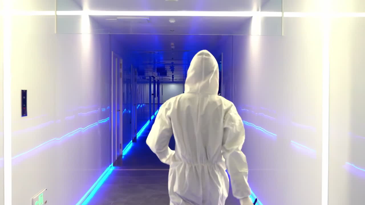 Scientist researchers and technicians in a Coverall Conducting a Research, Walking Through Modern Laboratory. People with science concept.