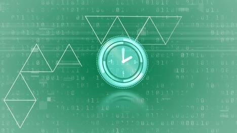 Animation-of-moving-clock-and-triangles-over-binary-code-on-green-background