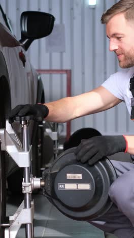 auto mechanic performing wheel alignment on a car