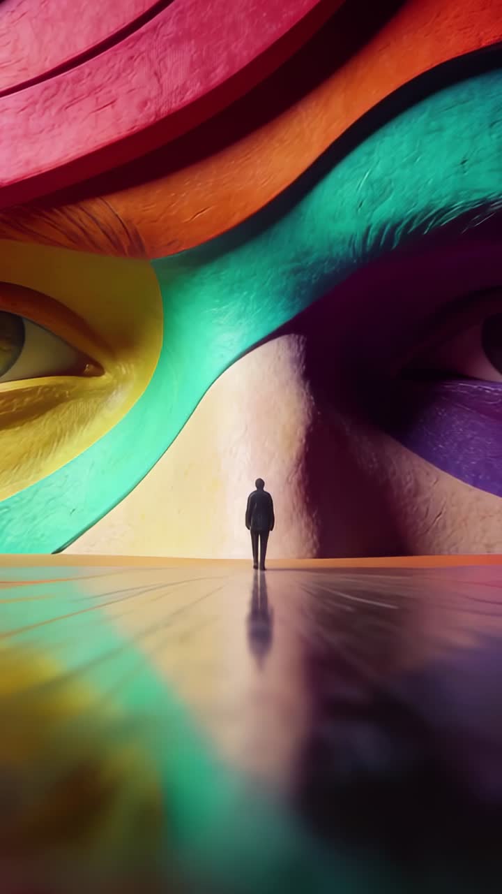 Vertical video: Panning low revealing suited man observing mural in gallery with eyes reflected