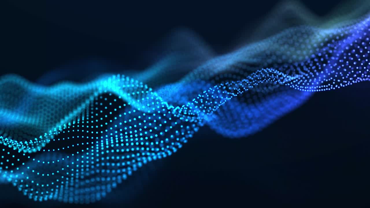 Dynamic wave of glowing particles. Digital technology background. 3d rendering. Seamless loop.