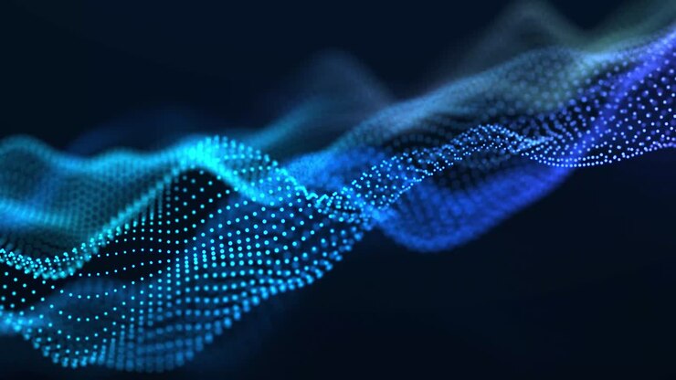 Dynamic wave of glowing particles. Digital technology background. 3d rendering. Seamless loop.