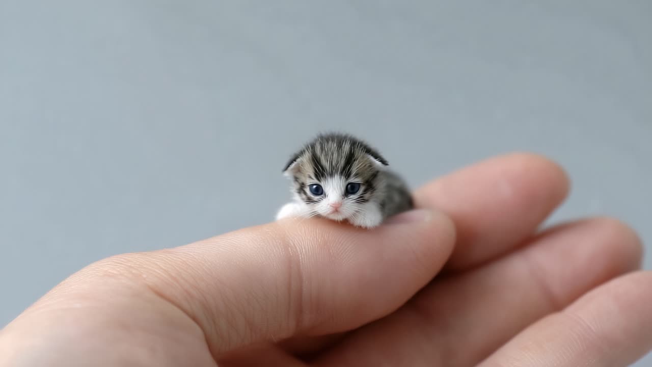 A tiny kitten rests delicately on a person's hand, showcasing its adorable features while highlighting the intimate bond between humans and their beloved pets