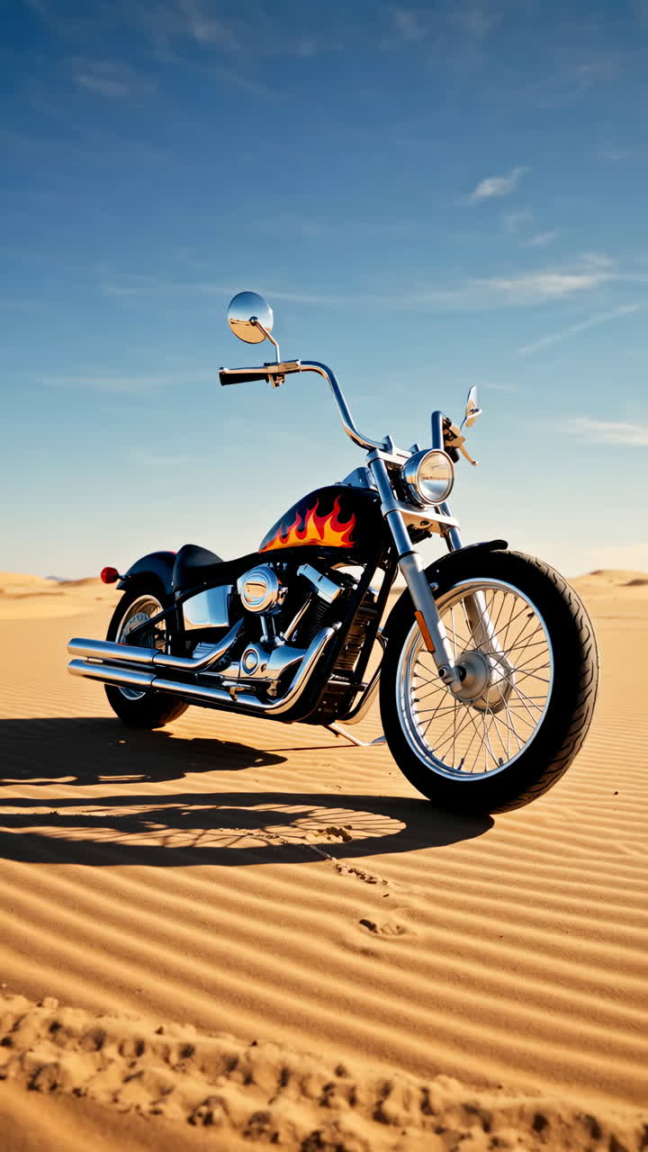 A custom flame-painted motorcycle parked in a sandy desert landscape