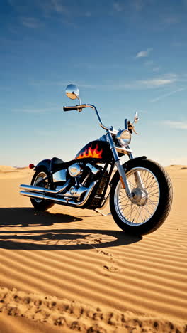 a custom flame-painted motorcycle parked in a sandy desert landscape