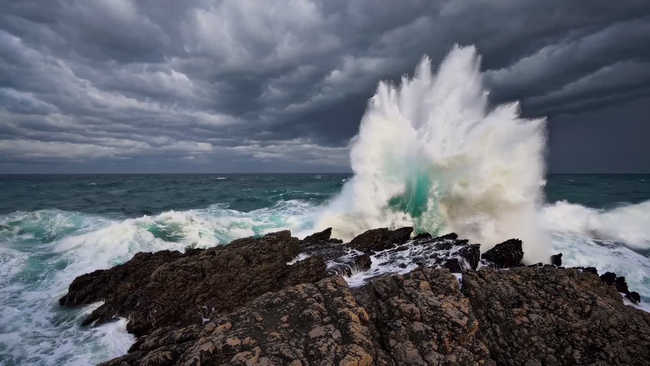 Dramatic seascape with crashing waves against rocks under stormy skies