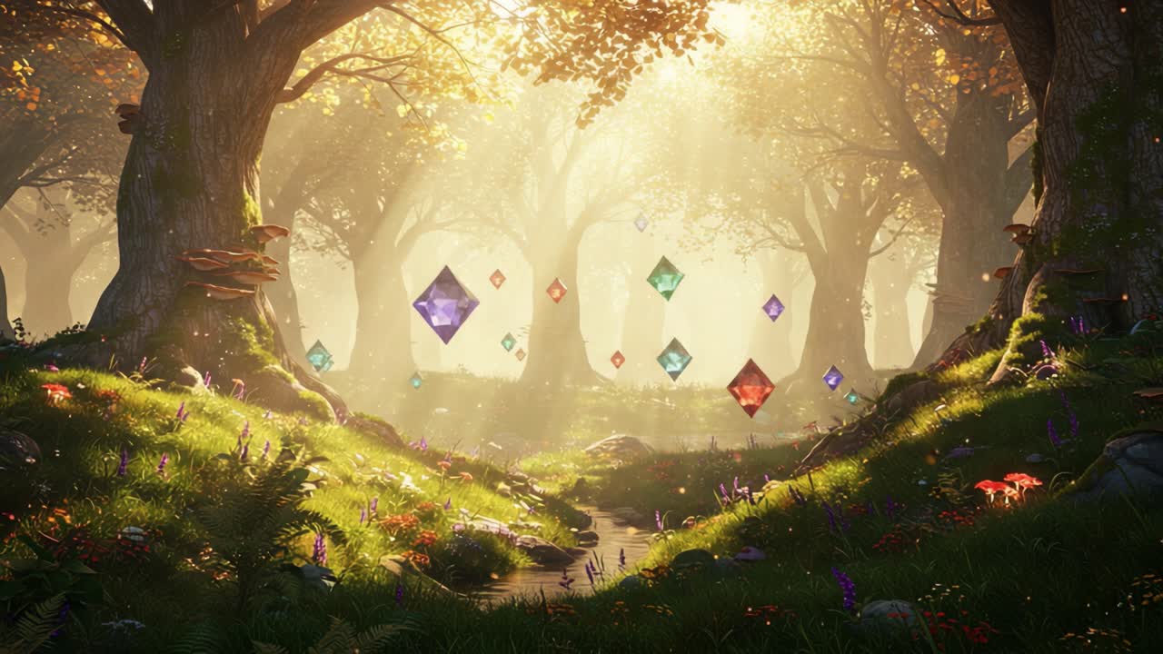 Magical Forest Realm: Enchanted Pathway Through Shimmering Crystals Surrounded by Illuminated Trees on a Mystical Journey of Discovery and Wonder