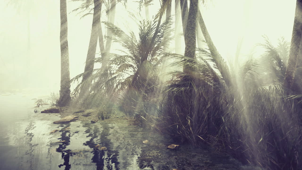 Misty morning light filters through tropical palm trees in serene landscape