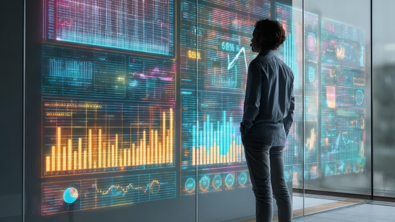 Analyse av datainnsikt: En profesjonell undersøker avanserte grafer og beregninger på et digitalt dashbord for å drive strategiske beslutninger og optimalisere ytelsen