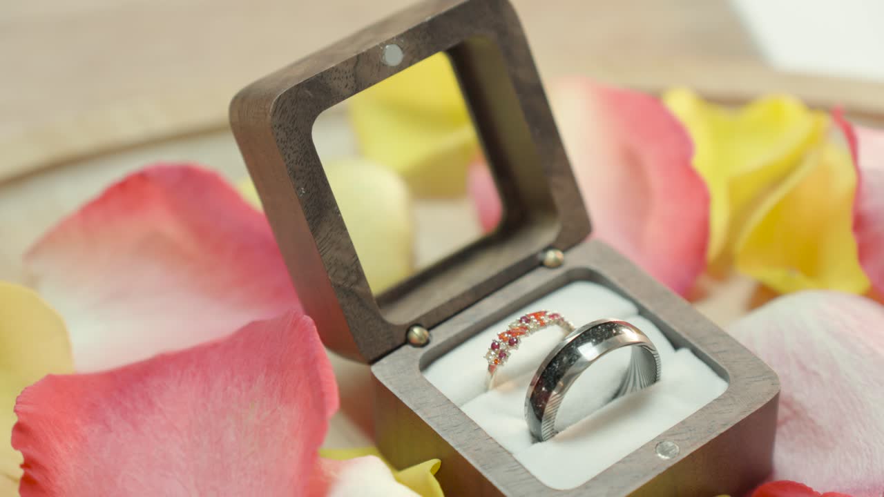 close-up shot of the bride and grooms wedding rings next to each other