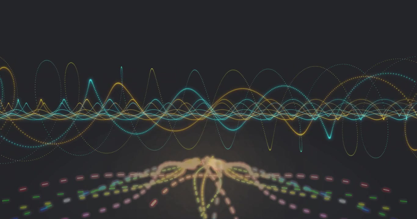 Audio driving colored waveform, particle field undulating pulsing, visualizing sound on dark canvas
