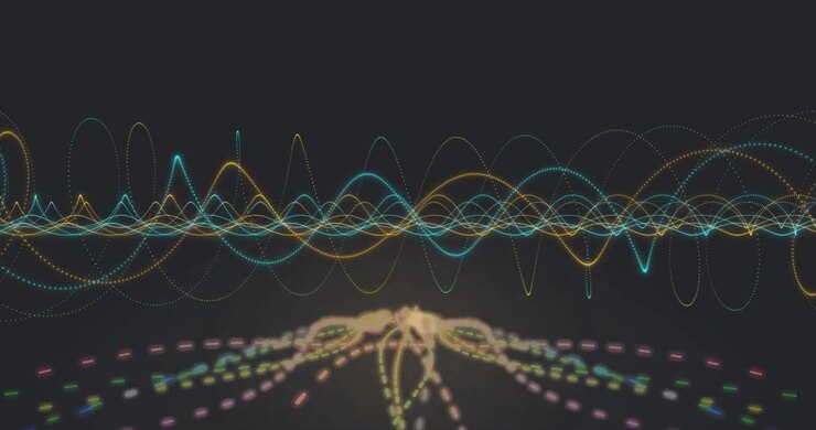 Audio driving colored waveform, particle field undulating pulsing, visualizing sound on dark canvas