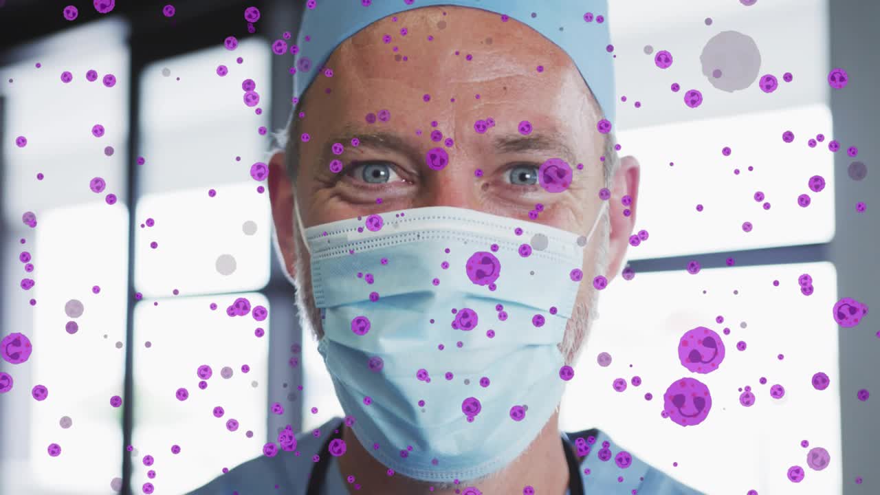 Doctor leaning in, revealing masked gaze, purple dots drifting across frame, seeking health contact