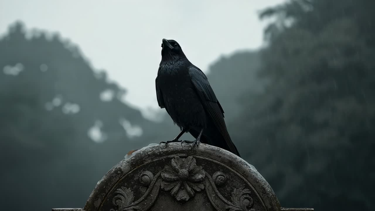 Scene opening showing black crow shifting posture, calling out on carved pedestal, misty forest