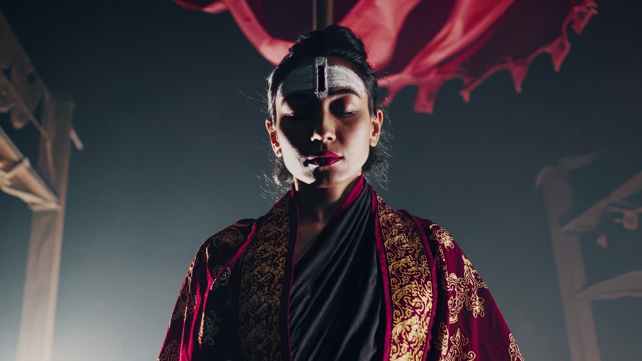 Dramatic performance unfolds as performer in ornate attire stands poised under a flowing red fabric, capturing the essence of cultural storytelling in motion