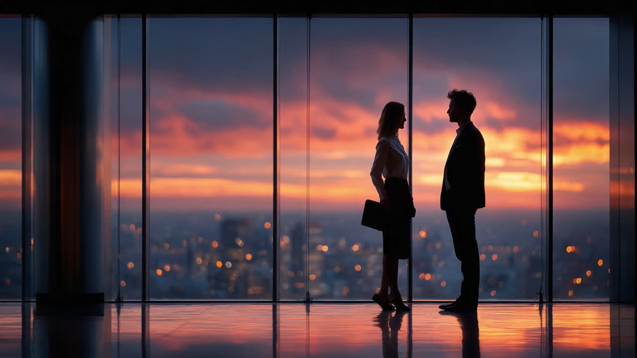 A silhouette of a man and woman engaged in a meaningful conversation against a breathtaking sunset backdrop, capturing a moment of connection and intimacy in a modern urban environment