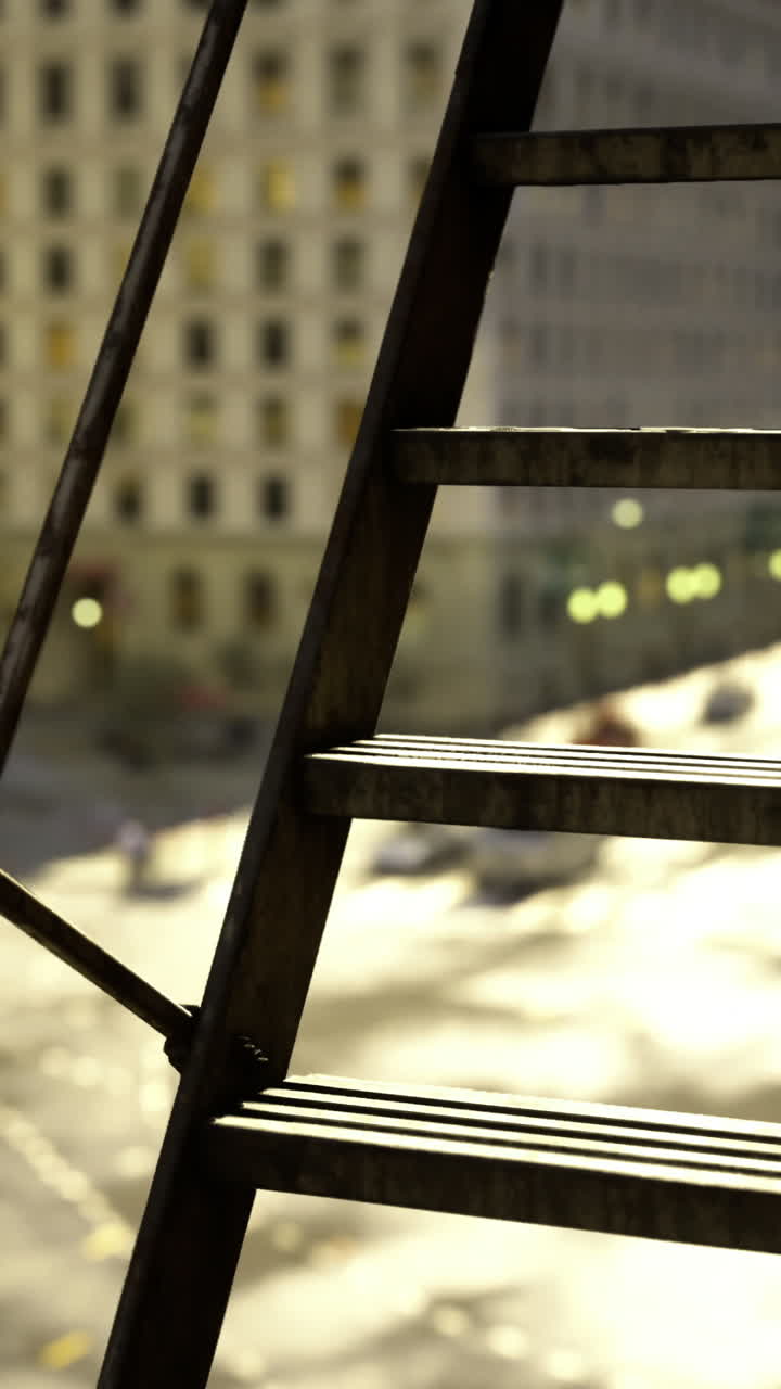 Urban landscape with fire escape ladder overlooking city street at sunset