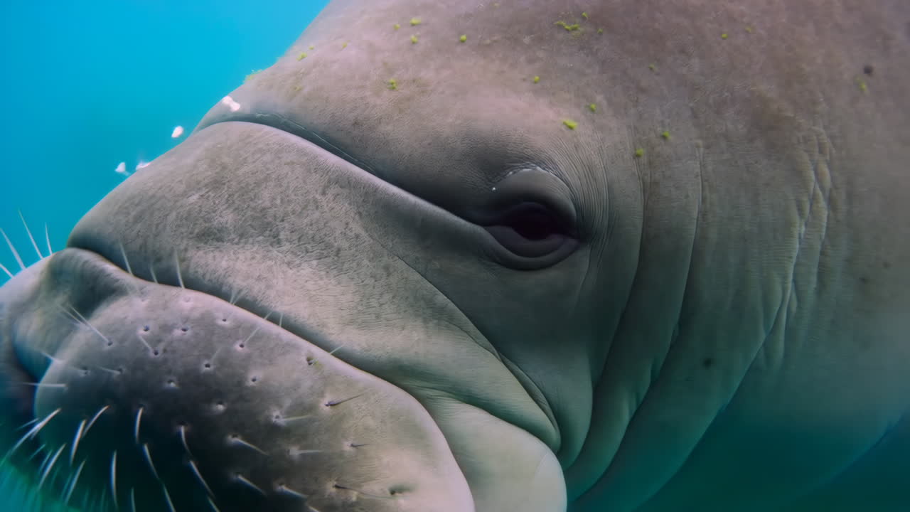 海草の中で餌を探す水中のマナティーの顔のクローズアップ。ひげと質感のある鼻先が見える。ターコイズ。