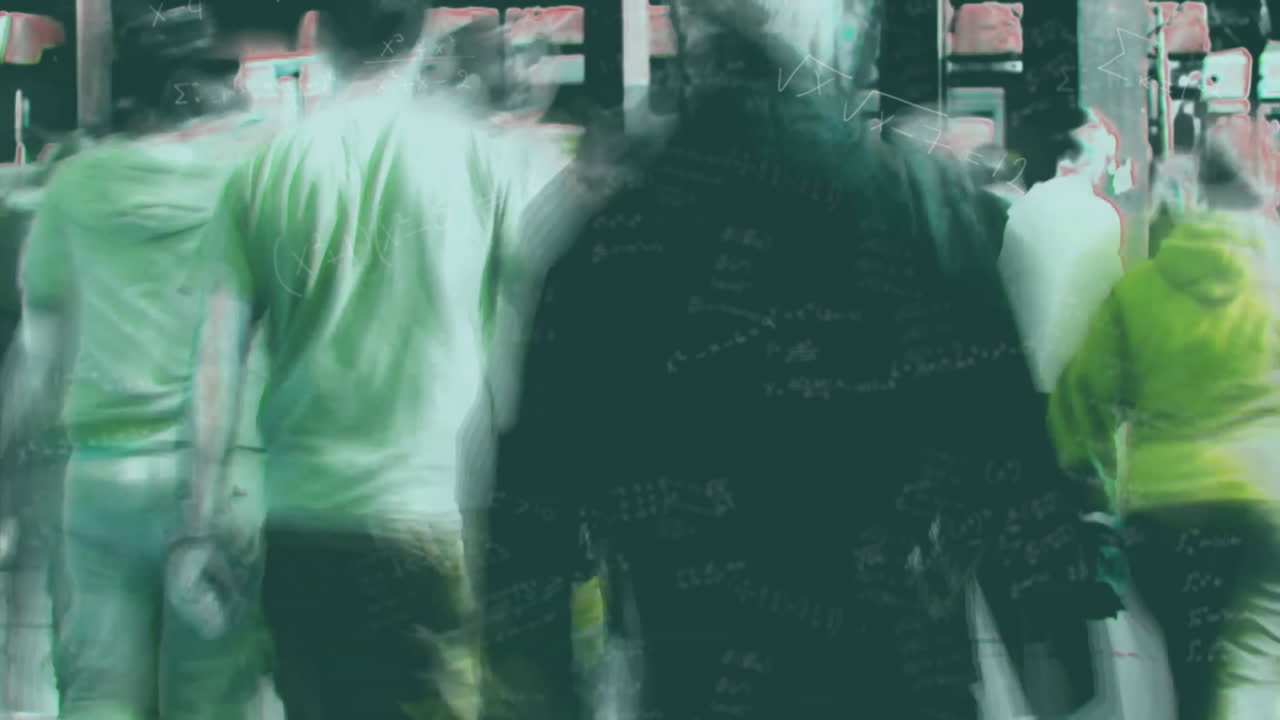 In school, animation of mathematical equations overlaying blurred people walking