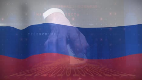 animation of hand of caucasian male hacker over flag of russia