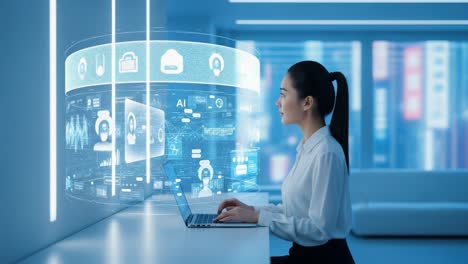 a young professional analyzing advanced data visualizations on a laptop in a modern office environment with futuristic technology displayed around her