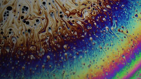 close-up shot of rainbow chaotic abstract texture inside of the soap bubble.