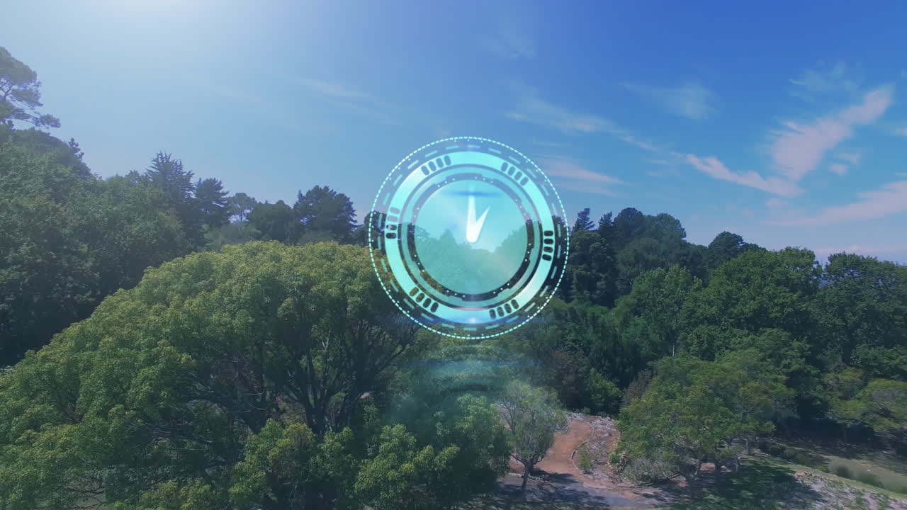 Digital interface animation over lush green forest landscape under clear blue sky