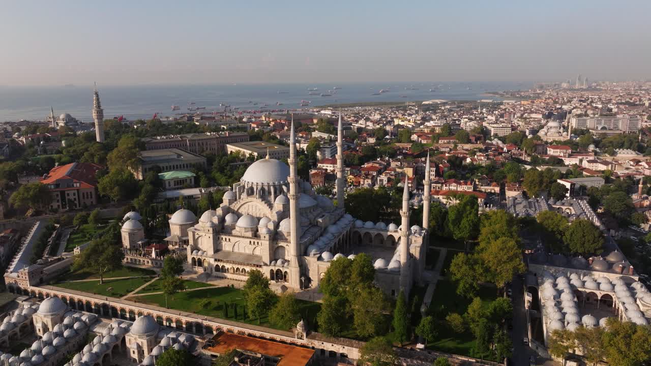 Suleymaniye Mosque in Istanbul, Turkey. Amazing Orbiting Aerial View