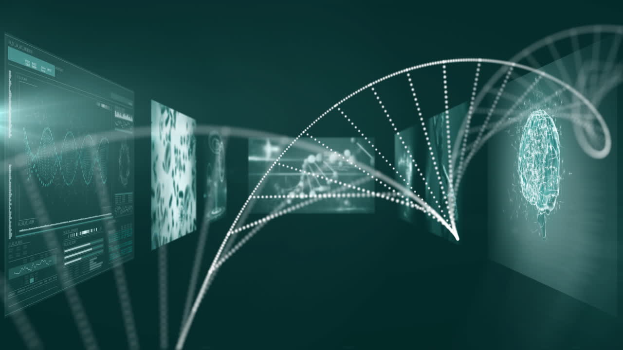 검은색 배경에서 데이터 처리에 대한 dna 가닥의 애니메이션