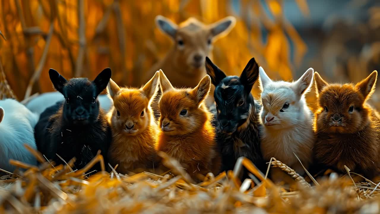 Fila di coniglietti di diverse razze seduti sulla paglia. Gruppo di giovani conigli colorati, inclusi bianco, nero, marrone e fulvo, seduti insieme su un letto di fieno