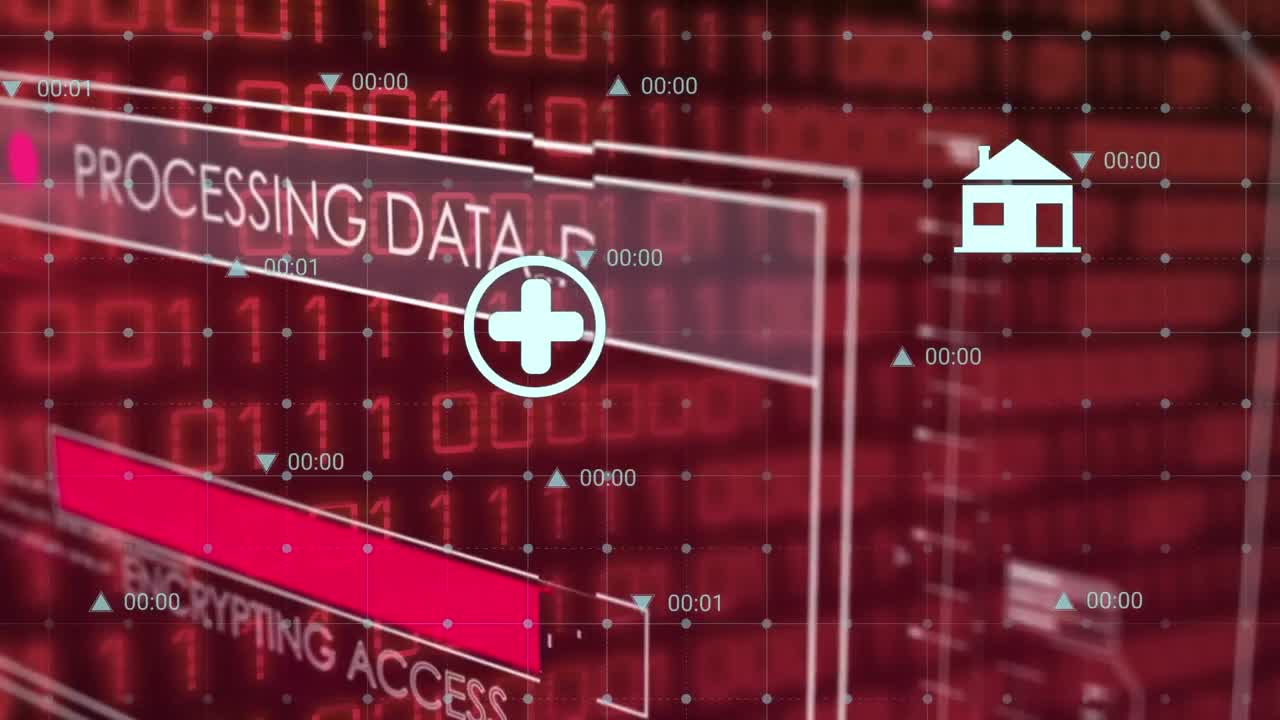 animación de iconos digitales a través de la interfaz con procesamiento de datos y codificación binaria en fondo negro.